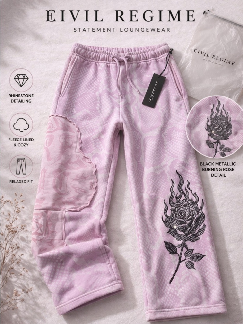 Toshiro Hitsugaya TYBWA Bleach Civil Regime Rhinestone Rose Sweatpants Fleece L